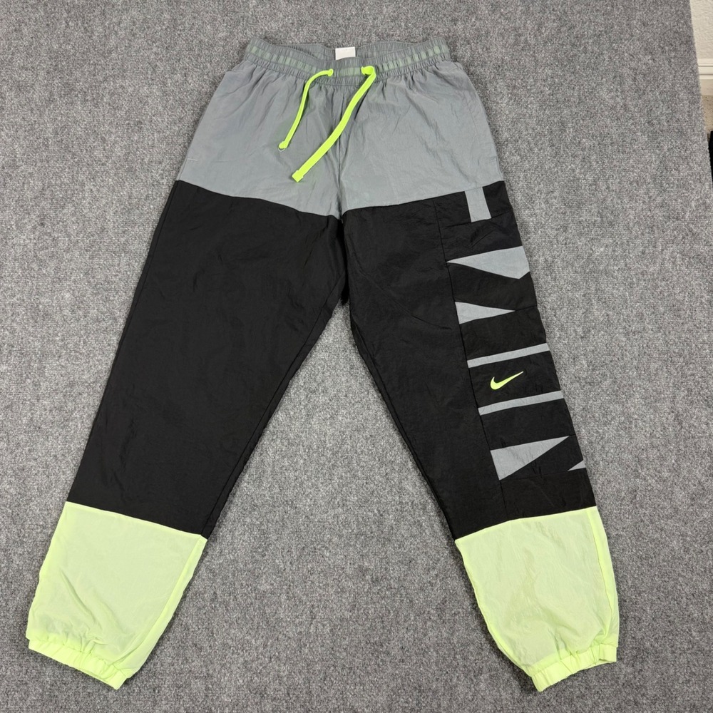 Nike Mens Colorblock Track Pants Grey Black Neon Green Graphic Joggers Small
